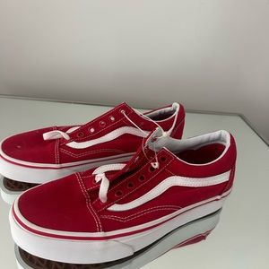 Brand new red and white Vans shoes. Unisex, size 6 in mens, size 7.5 in women